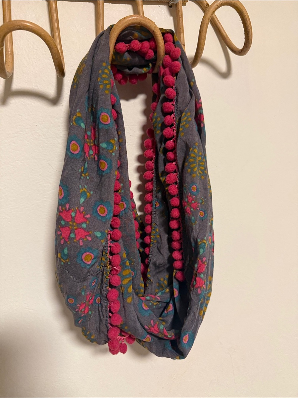 NATURAL LIFE Gray Floral Infinity Scarf with Pink Pom Trim - Picture 2 of 3
